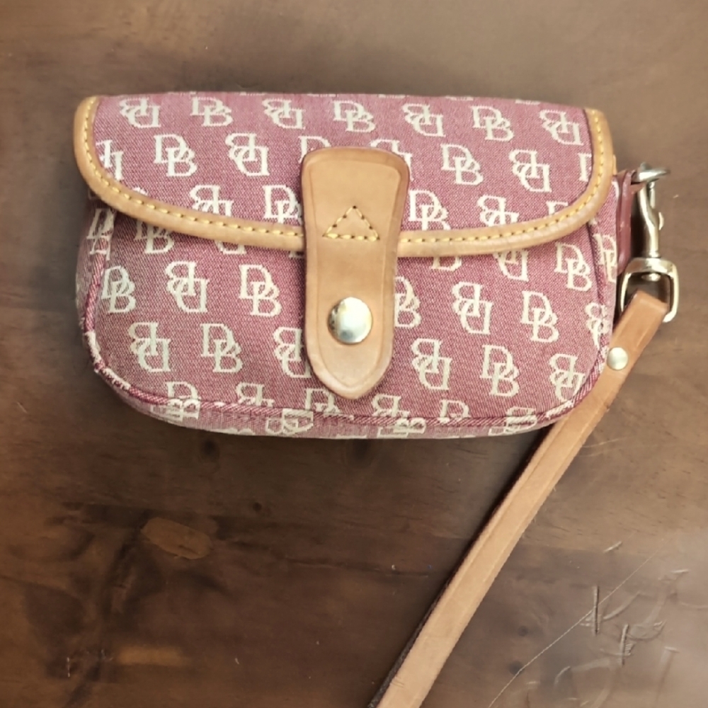Dooney & Bourke Vintage Red and Tan Canvas/Leather Clutch Wristlet
